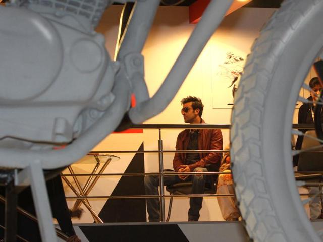 Bollywood actor Ranbir Kapoor during a visit to the Hero MotoCorp pavilion at the Auto Expo in New Delhi. HT Photo/Sonu Mehta