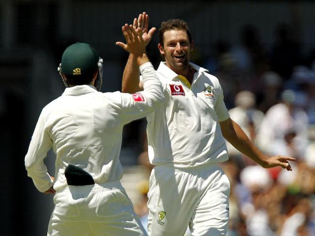 Ben Hilfenhaus celebrates after taking the wicket of Virender Sehwag during the third cricket test at the WACA in Perth. Reuters