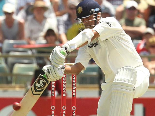 Rahul Dravid drives on day 1 of the third cricket Test match against Australia in the Border-Gavaskar Trophy Series at the WACA ground in Perth. AFP