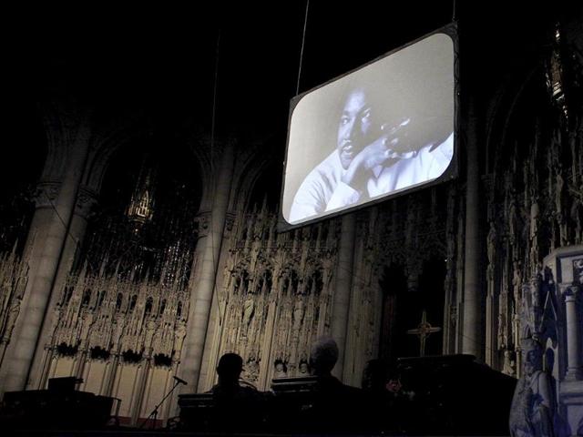 Rev. Martin Luther King, Jr. is pictured on a screen during a candlelight vigil honoring him at the Riverside Church in New York.(Reuters)