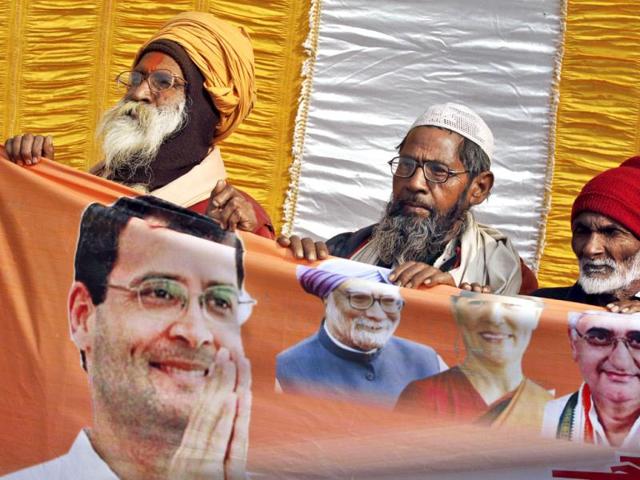 Supporters listen to Congress party leader Rahul Gandhi at an election rally at Kaushambi district about 56 kilometers (35 miles) west of Allahabad. AP