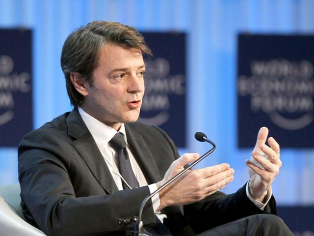French Finance Minister Francois Baroin, gestures as he speaks during a session at the World Economic Forum in Davos, Switzerland. AP Photo/Michel Euler