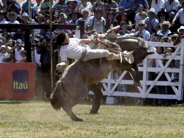 Mario Nunez of Argentina rides a bull during the annual missionary festival in the town of Santiago Misiones, on the border next to Argentina. The festival brings together people from Paraguay and Argentina to celebrate their countries' joint traditions.REUTERS/Fernando Alfonso