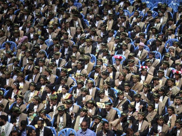 Bridegrooms attend a mass wedding ceremony in Sanaa. Some 3,200 brides and grooms were married in the wedding financed by Saudi Crown Prince Sultan Bin Abdul-Aziz. Reuters/Khaled Abdullah