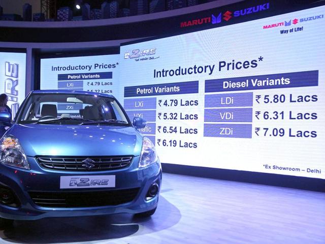 Prices of the new Maruti Suzuki Swift DZire are flashed on a screen during its launch in New Delhi. Reuters/Parivartan Sharma