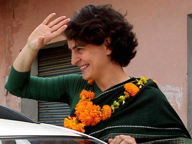 Priyanka Gandhi Vadra gestures during her election campaign in support of Congress party at Haripur in Amethi. PTI/Atul Yadav
