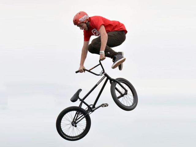 Tyeler Fernger of United States performs during the International Festival of Extreme Sports, in La Guacima, Alajuela, 25 Km west of the capital San Jose, Costa Rica, on . AFP PHOTO/Ezequiel BECERRA