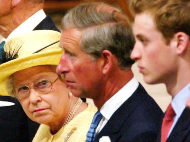 Queen Elizabeth II looks across to first in line for the throne, Prince Charles (C) and 2nd in line Prince William (R) during the ceremony marking the 50th anniversary of her coronation at Westminster Abbey in London 02 June 2003. File Photo. AFP Photo