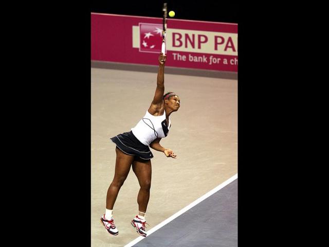 Serena Williams serves during a first round Fed Cup tennis match against Anastasia Yakimova, of Belarus, in Worcester, Massachusetts. AP/Steven Senne