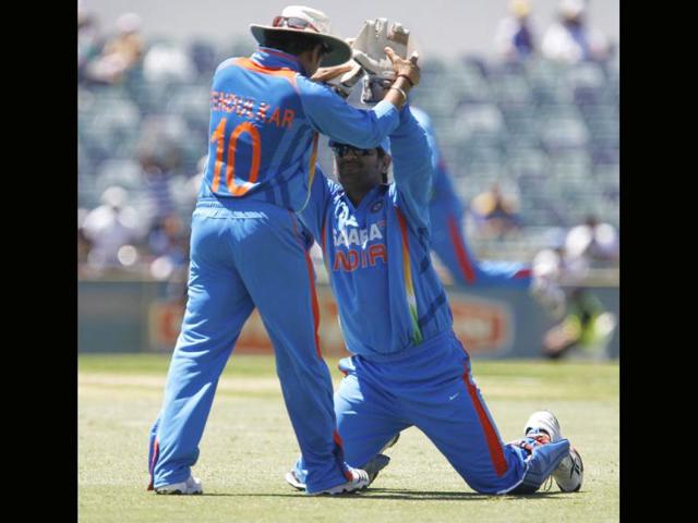 Kumar Sangakkara plays a stroke against India during their one day international cricket match at the WACA in Perth. AP