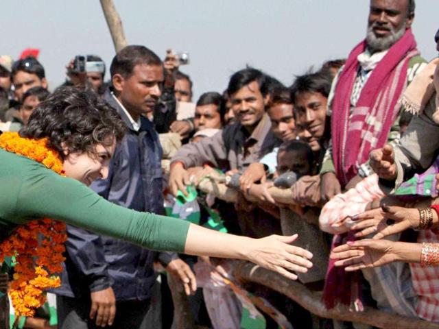 Priyanka Gandhi Vadra meeting people at an election campaign rally in support of Congress party in Rasulpur, Amethi. PTI/Atul Yadav