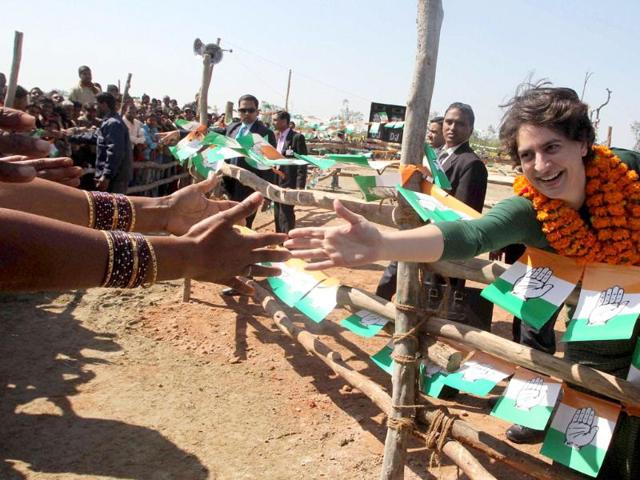 Priyanka Gandhi Vadra meeting people at an election campaign rally in support of Congress party in Rasulpur, Amethi. PTI/Atul Yadav