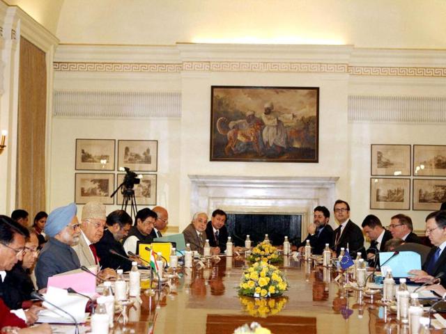 The 12th India-European Union Summit in New Delhi. EU was represented by Herman Van Rompuy, President of the European Council and Jose Manuel Barroso, President of the European Commission and India by Prime Minister Manmohan Singh. PTI/Vijay Kumar Joshi
