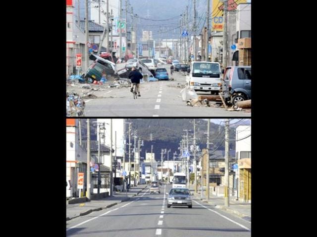 This combination of pictures shows the view of a tsunami hit street in Ofunato, Iwate prefecture on March 14, 2011 (top) and the same scene as it appears on January 15, 2012 (bottom). (AFP photo/Toshifumi Kitamura) (top) (AFP photo / Toru Yamanaka) (bottom)