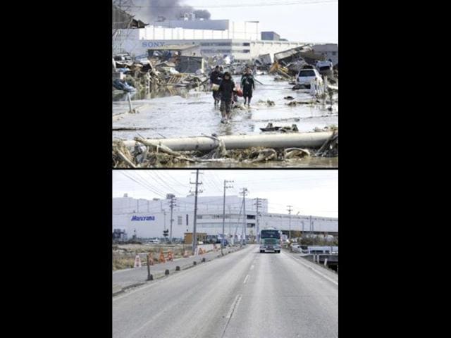 This combination of pictures shows local residents walking in a flooded street in a tsunami hit area of Tagajo, Miyagi prefecture on March 13, 2011 (top) and the same area on January 12, 2012 (bottom). (AFP photo/ Kazuhiro Nogi) (top) (AFP photo/Toru Yamanaka)(bottom)