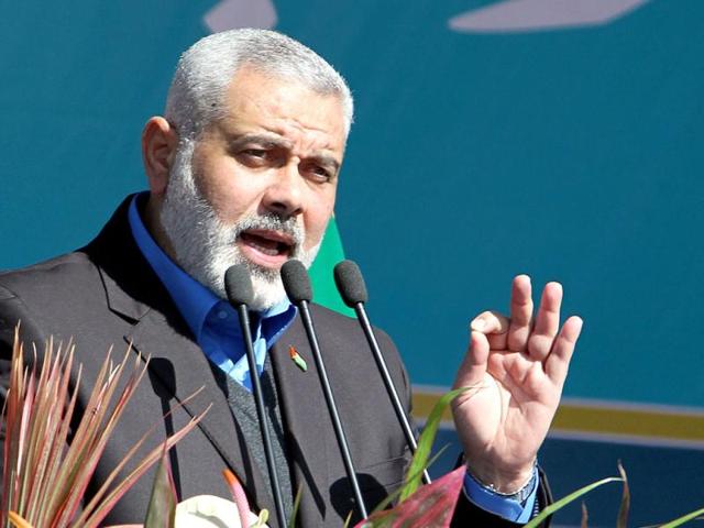 Palestinian Hamas premier of Gaza, Ismail Haniya delivers his speech during the 33rd anniversary of the Islamic revolution in Azadi (Freedom) Square in southwestern Tehran in which he said that Hamas will never recognise Israel. AFP Photo/Atta Kenare