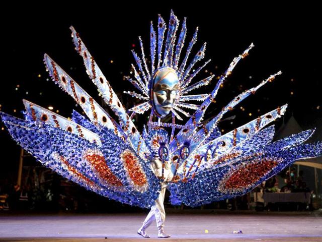 Marlon Rampersad portrays the theme titled D Carnival Vybz, on the stage at Queen's Park Savannah during the preliminaries of the King and Queen of Carnival competition in Port of Spain. Twenty semi-finalists were chosen from the 74 competitors from each of the king and queen categories, to go on to the next round. REUTERS/Andrea De Silva