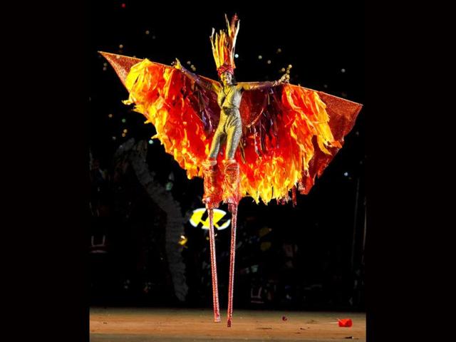 Shynel Brizan portrays the theme titled Fire, on the stage at Queen's Park Savannah during the preliminaries of the King and Queen of Carnival competition in Port of Spain. Twenty semi-finalists were chosen from the 74 competitors from each of the king and queen categories, to go on to the next round. REUTERS/Andrea De Silva