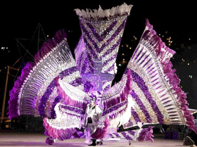 Zinool Mohammed portrays the theme titled Kwak Waka Wakin:The Sacred Totem, on the stage at Queen's Park Savannah during the preliminaries of the King and Queen of Carnival competition in Port of Spain. Twenty semi-finalists were chosen from the 74 competitors from each of the king and queen categories, to go on to the next round. REUTERS/Andrea De Silva