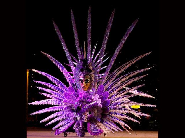 Kay Mason presents a creation titled Amethyst Rising, on the stage at Queen's Park Savannah during the preliminaries of the King and Queen of Carnival competition in Port-of-Spain. Twenty semi-finalists were chose from the 74 competitors from each of the king and queen categories, to go on to the next round. REUTERS/Andrea De Silva