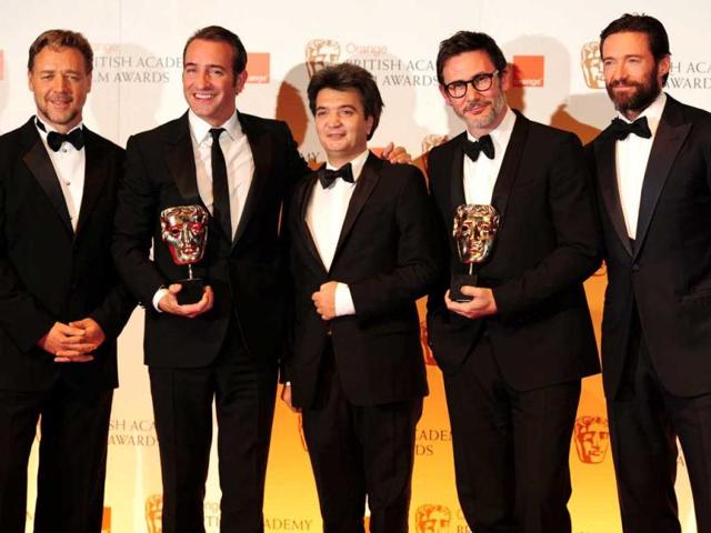 (L-R) Russell Crowe, Jean Dujardin, Thomas Langmann, Michel Hazanavicius and Hugh Jackman.
