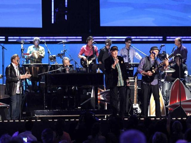 The band Beach Boys performs during the 54th annual Grammy Awards in Los Angeles.