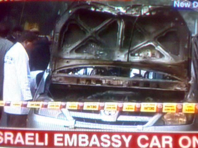 Screen grab of the vehicle hit by an explosion outside the Israeli embassy in New Delhi.