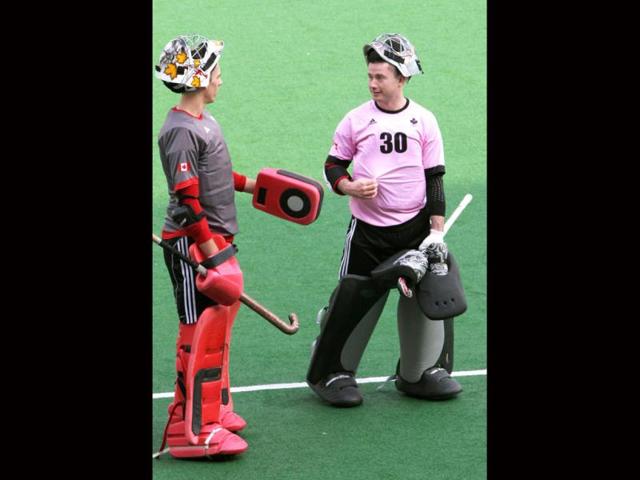 Canada's hockey team goalkeepers during the practice ahead of up coming Olympic qualifier matches at national stadium in New Delhi. HT photo by Mohd Zakir