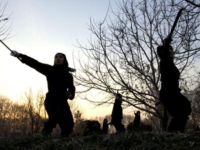 Ninjutsu practitioners participate in a sword drill as members of various Ninjutsu schools showcase their skills to the media at a park in Karaj. (Reuters/Caren Firouz)