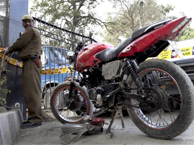 The bike suspected to be used by the man who planted the bomb on an Israeli diplomat's car, is seen parked inside the Saket Police Station in New Delhi after it was found near a park in Lado Sarai. PTI/Aman Sharma