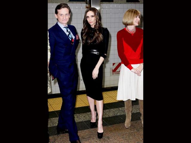 Vogue international editor-at-large Hamish Bowles (from left), Victoria Beckham and American Vogue editor Anna Wintour pose at Grand Central Station's 42nd Street subway shuttle during New York Fashion Week to launch Britain's GREAT Campaign. AP Photo/StarPix, Amanda Schwab