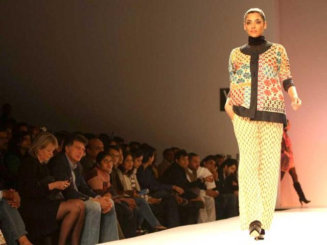 Indrani Dasgupta walks the ramp for designer Vineet Bahl as he presented his autumn-winter collection ‘caravan’ inspired by his travel around the world on Day One of the Wills Lifestyle India Fashion Week.