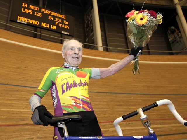 Cyclist Robert Marchand of France celebrates after setting a world record for cycling non-stop for one hour, in the over 100- year old category, at the Union Cycliste Internationale (UCI) velodrome in Aigle. Reuters/Denis Balibouse
