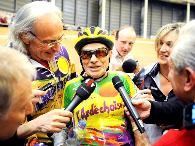 Born on November 26, 1911 Marchand rode 24.25 km (15.1 miles) in 60 minutes watched by crowds of cheering supporters at the International Cycling Union (UCI) velodrome . AFP Photo/Sebastien Feval