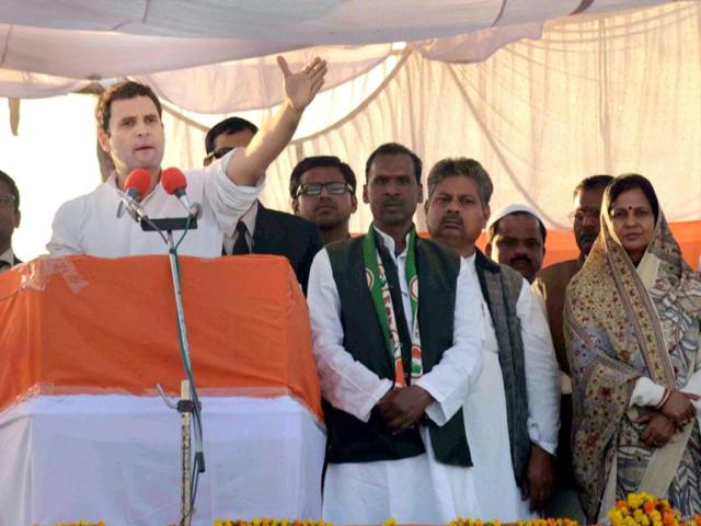 Congress general secretary Rahul Gandhi addresses an election rally in Etawah. PTI photo