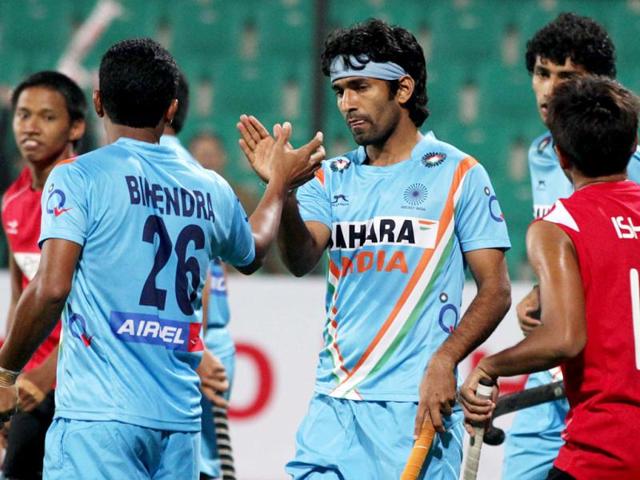 Indian Hockey team player Shivendra Singh (18) after hitting a goal against Singapore during the Hero FIH Road to London Delhi 2012, at National Stadium in New Delhi. HT/Ajay Aggarwal