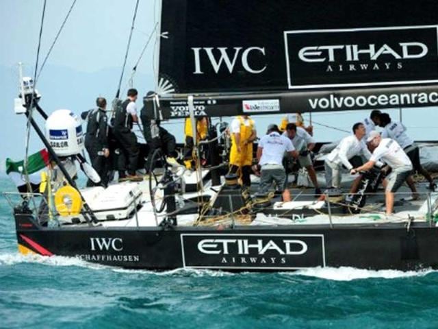 The Abu Dhabi Ocean Racing team sails before finishing third during the In-Port-Race which was eventually won by Spain's Team Telefonica on the eve of the Volvo Ocean Race departure from Sanya, Hainan Island. AFP Photo/Mark Ralston