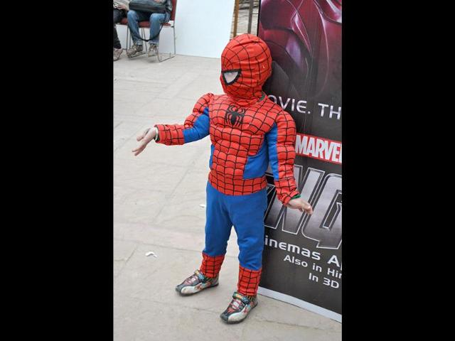 A kid dressed as Spider Man poses at the 2nd annual Indian Comic Con in Delhi. HT/Divya Jain