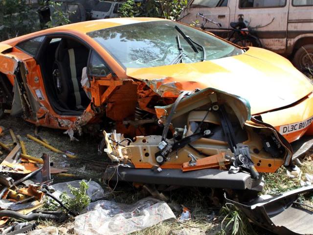 A Lamborghini is seen after it rammed into a railing in New Delhi in Feb 2012. The 26-year-old driver was killed and a cyclist was injured in the accident. HT/Mohd Zakir