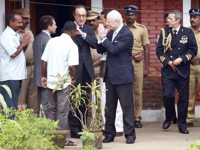 Italy's undersecretary for foreign affairs Staffan De Mistura gestures as Italian ambassador to India Giacomo Sanfelice Di Monteforte looks on after meeting with Latorre Massimiliano and Salvatore Girone (both not in picture), members of the navy security team of Napoli registered Italian merchant vessel Enrica Lexie in Kochi. Reuters/Sivaram V