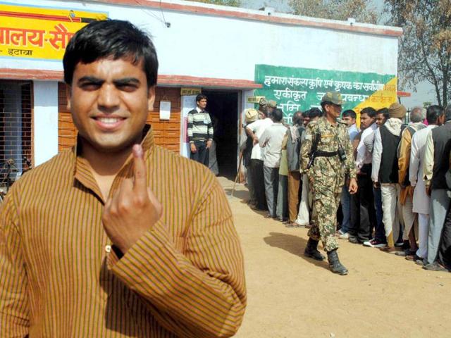A man showing ink marked finger after casting his vote during the fifth phase of U P assembly poll in Etawah .Agencies Photo