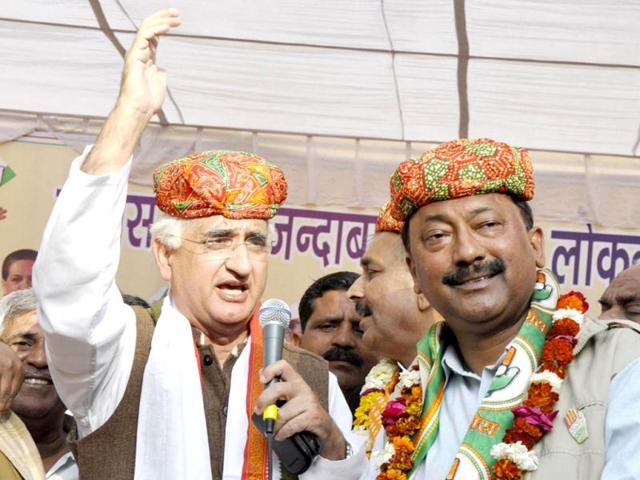 Union law minister Salman Khurshid addressing an election rally in support of Congress candidate in Mathura, Uttar Pradesh.