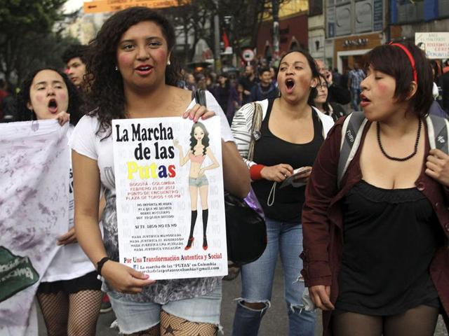 Women shout slogans as they take part in a 'March of the whores' to protest against discrimination and violence against women in Bogota. Reuters/Fredy Builes