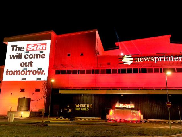 The News Printers plant in Broxbourne, outside London, where the new The Sun on Sunday got its first press run. The chairman and chief executive officer of News Corporation, Rupert Murdoch, said he wanted the paper replacing the scandal-hit News of the World to sell over two million copies. (AFP Photo)