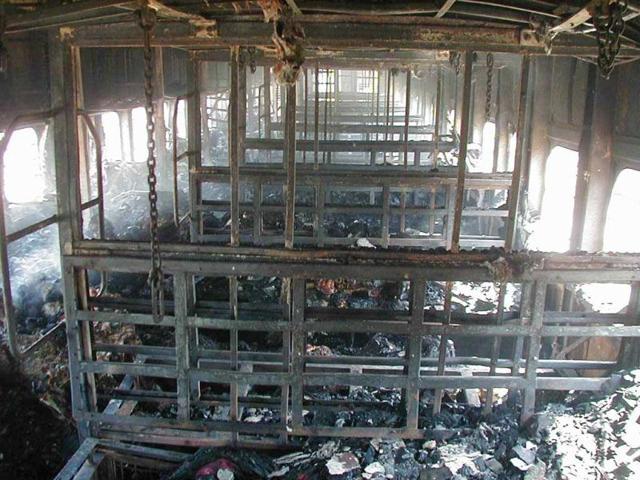 This file photo shows the inside of the charred coach of Sabarmati Express, allegedly torched by a Muslim mob.