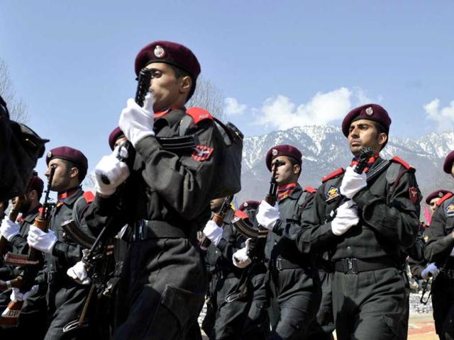 Commandos from the Jammu and Kashmir Armed Police (JKAP) participate in a passing out parade at The Manigam Ganderbal Training Centre at Ganderbal some 34kms northeast of Srinagar. The mountainous, Muslim-majority region of Kashmir was split in two in the aftermath of independence on the subcontinent when British rule ended in 1947. Both India and Pakistan claim the whole territory, which is divided by the de facto border known as the Line of Control. A separatist insurgency against Indian rule in the Himalayan state that began in 1989 has claimed more than 47,000 lives, according to official figures. Seperatists put the toll twice as high. AFP PHOTO/Tauseef MUSTAFA