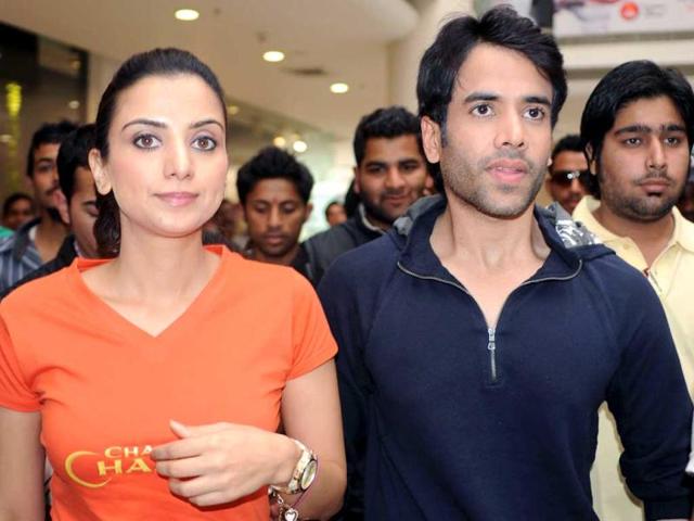 Actors Kulraj Randhawa (L) and Tusshar Kapoor (R) attend a press conference as part of a promotional tour for their upcoming Samir Karnik Hindi film Chaar Din Ki Chandni in Amritsar. 