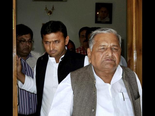 SP-president-Mulayam-Singh-Yadav-and-general-secretary-of-the-party-and-son-Akhilesh-Yadav-leave-their-residence-in-Lucknow-AP