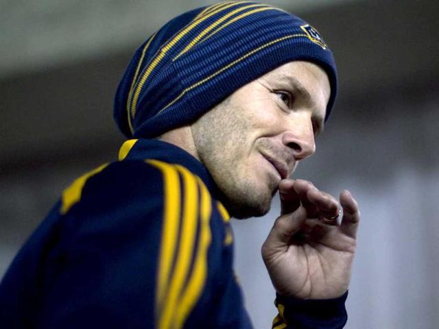 Los Angeles Galaxy's David Beckham gestures during a training session at the Rogers Centre in Toronto, ahead of their team's CONCACAF soccer match against Toronto FC. AP photo