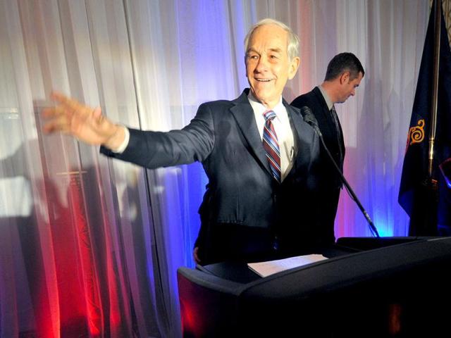 Republican US presidential candidate and US Rep Ron Paul (R-TX) gestures during his speech to supporters at a "Super Tuesday" primary election night rally at a caucus site in Fargo, North Dakota. Reuters/Dave Weaver